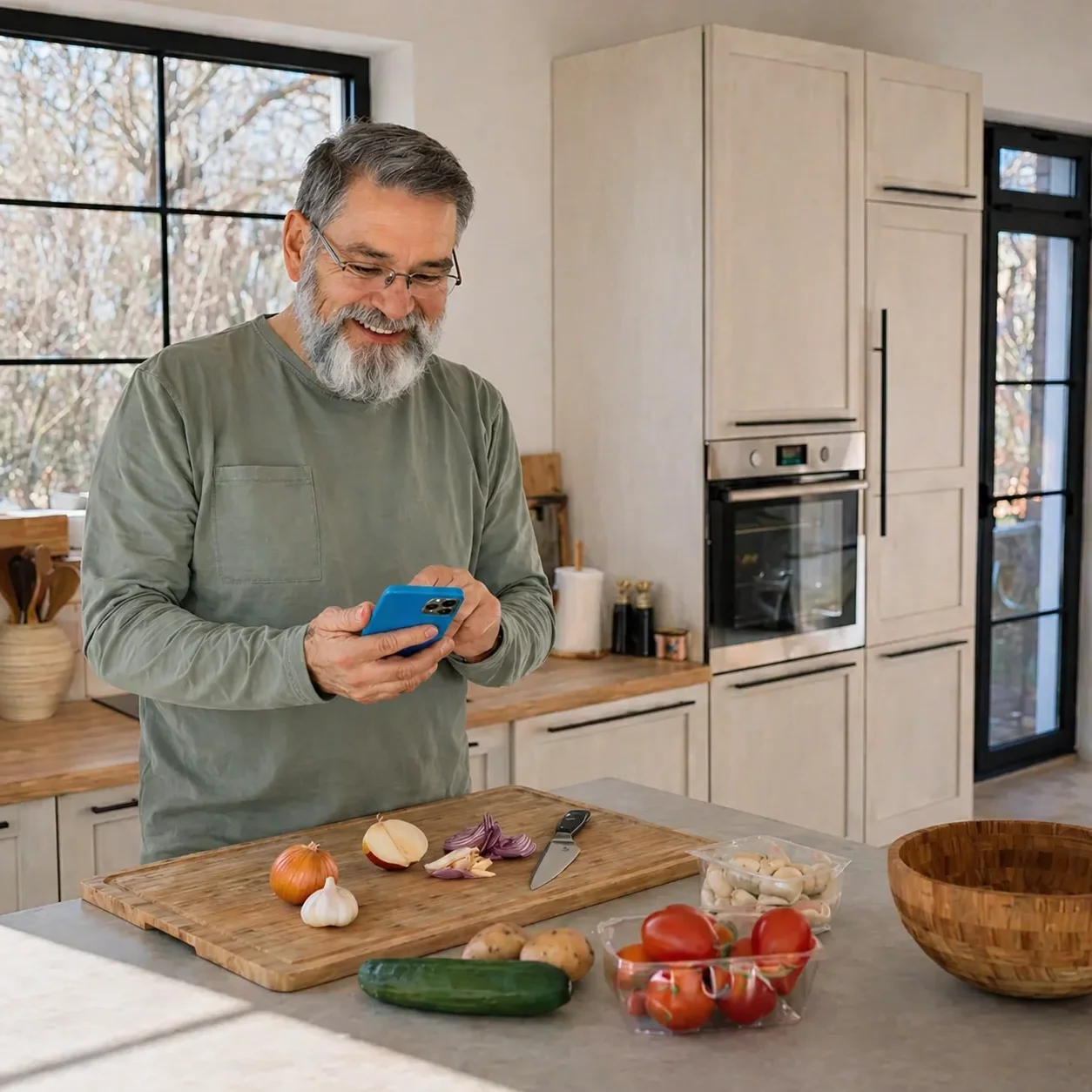 Man reviewing his journal entries in the kitchen