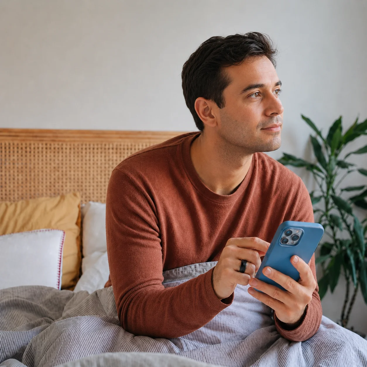 Man relaxing in bed while chatting with the AI assistant